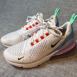 Nike White Black Blue Purple Athletic Shoes with Orange Accents